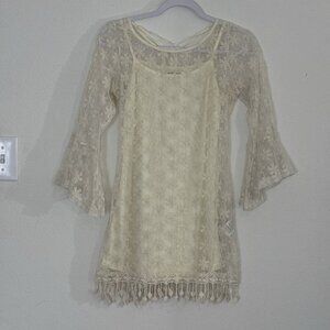 Altar'd State X A’reve Lace Dress Small Floral Embroidered Ivory Fringe Sheer